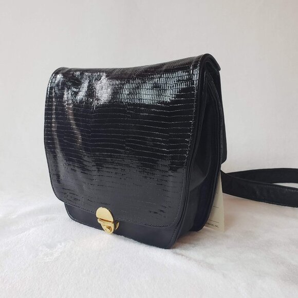 VINTAGE Atalla Handbags Leather Saddlebag Press Lock Deadstock Black Gold - Picture 2 of 12